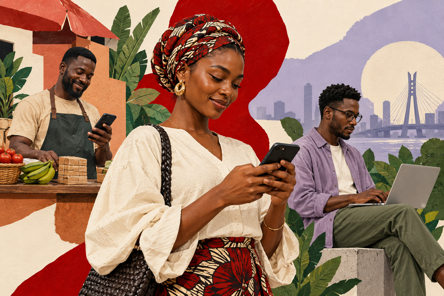 Editorial illustration of Nigerian people using phones and a laptop for everyday life and business.